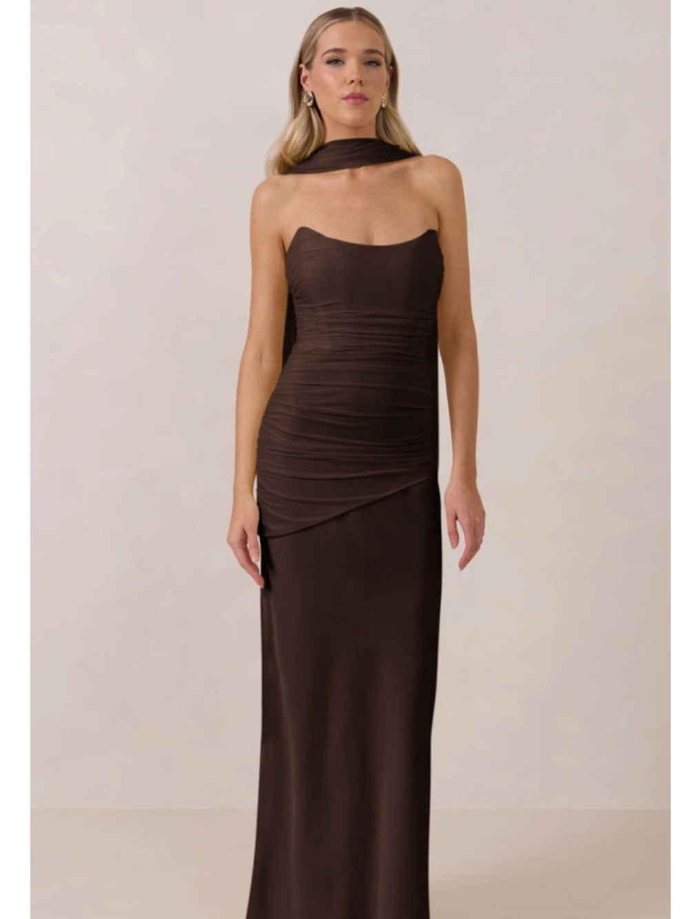 Park & Fifth Roslin Strapless Espresso Brown Satin Gown with Scarf